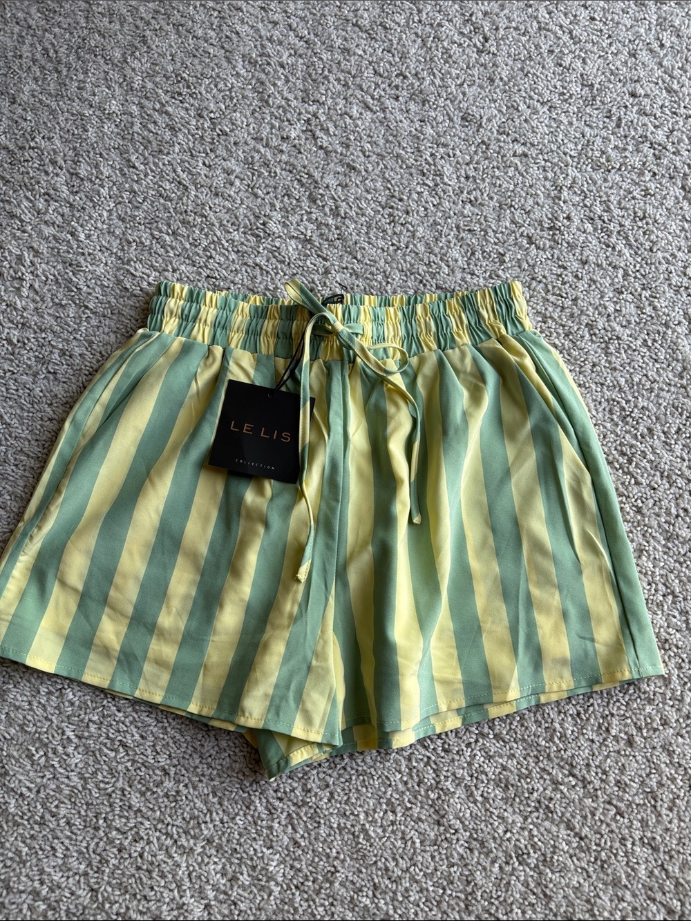 Le Lis Yellow & Green Striped High-Waist Women's Shorts- NWT